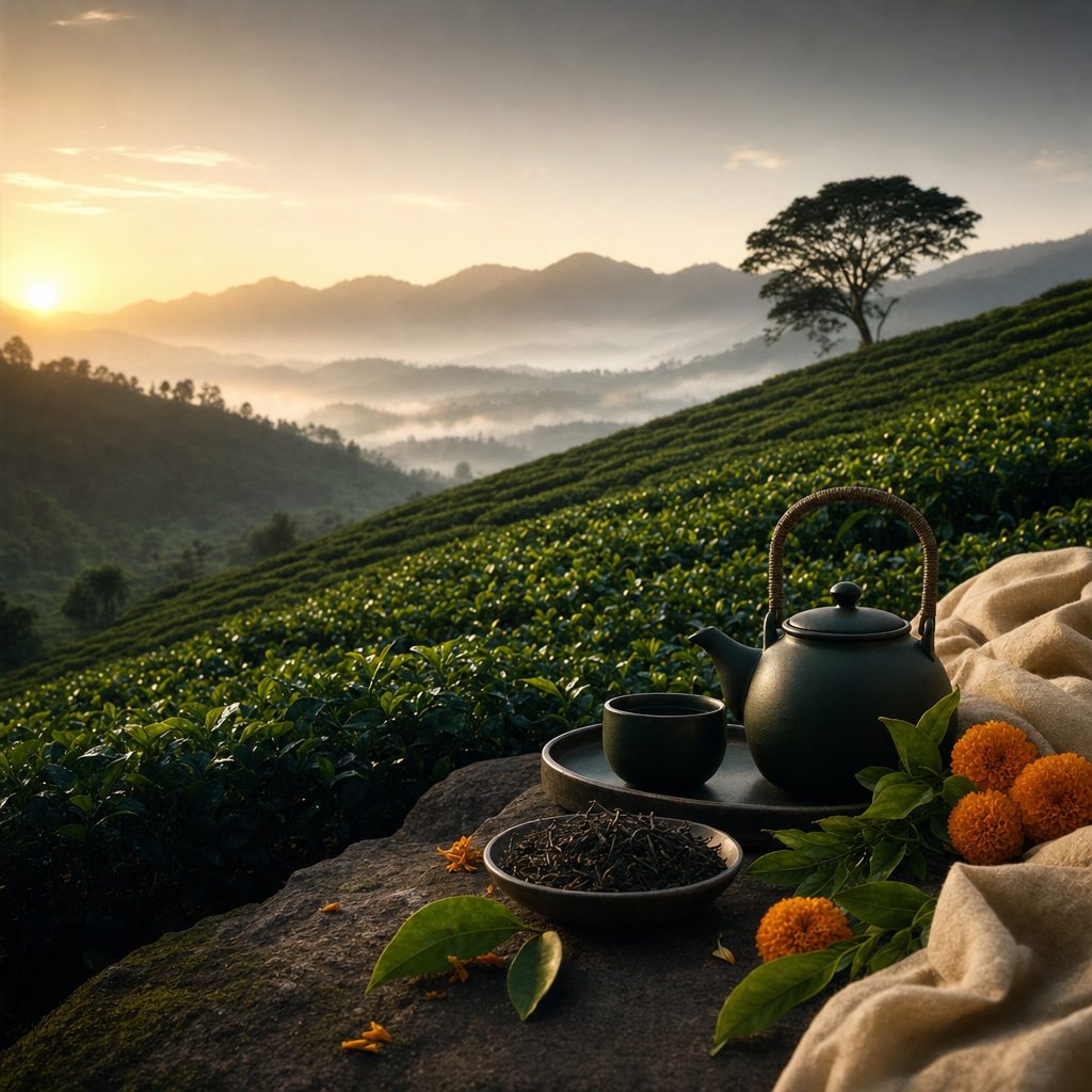 Rows of tea bushes on a misty hillside at dawn