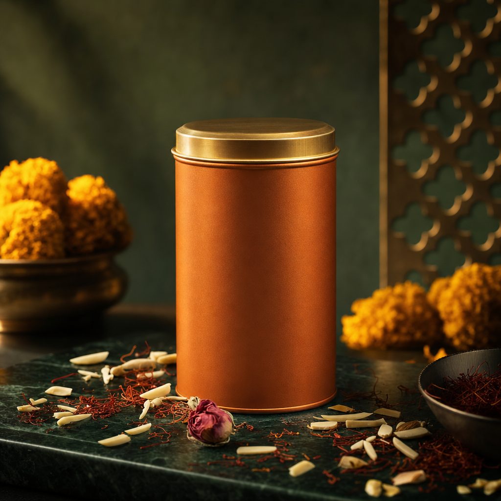 A copper toned tea tin with saffron strands and almonds